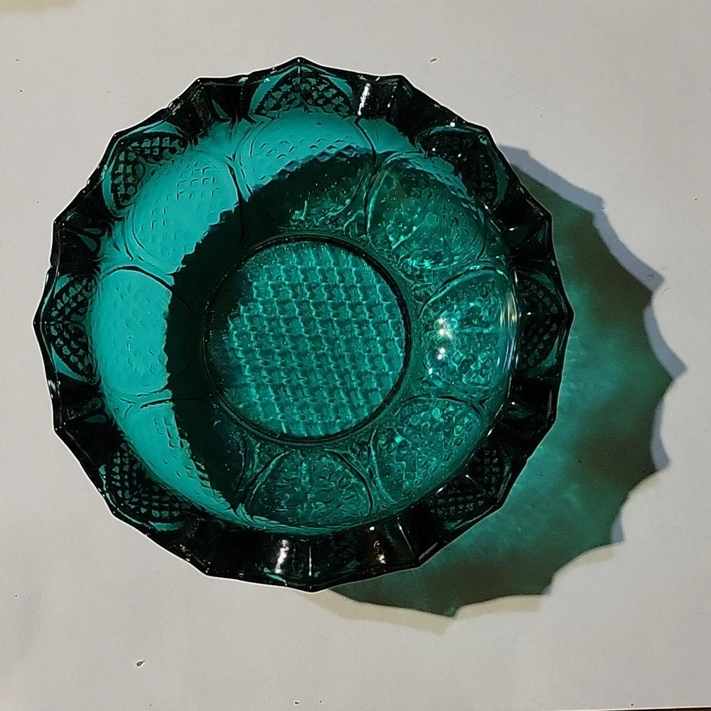 Vtg Ashtray Sauce Bowl  Green Blue Heavy Depression Glass Reflects Light